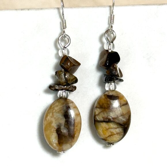 2/$20, Genuine Earthy Septarian Stone & Tigers Eye Sterling Silver Hook Earrings - Picture 1 of 9